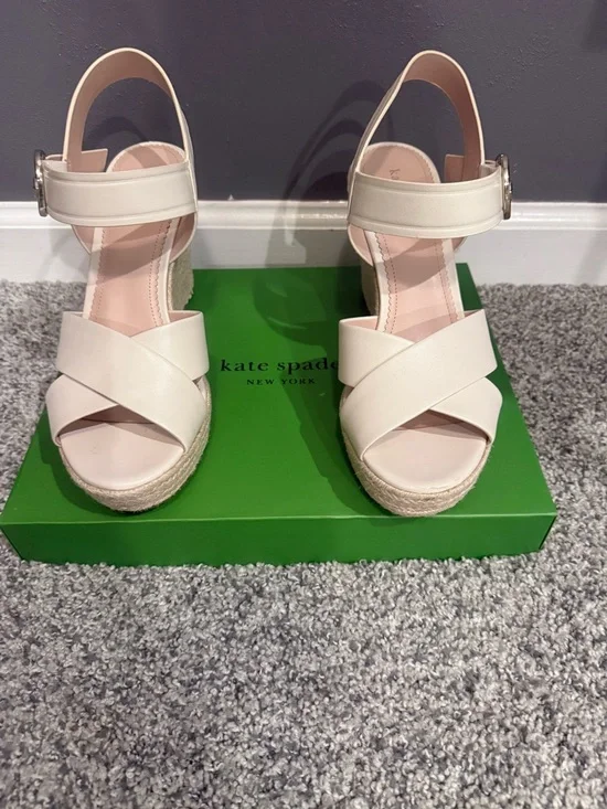 kate spade Cream Leather Cross-Strap Espadrille Wedges - Picture 1 of 9